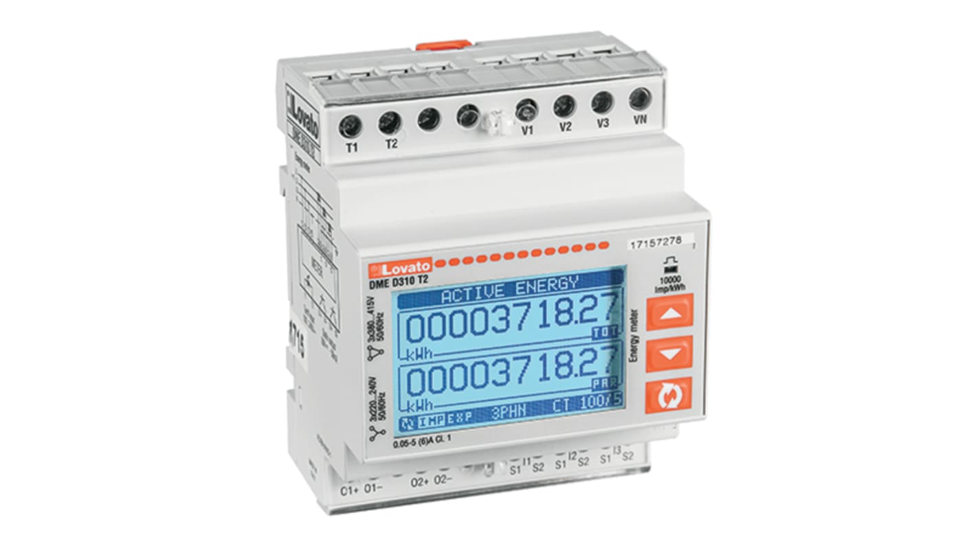 Contatore di energia trifase Lovato DMED310T2MID con display LCD, montaggio su guida DIN, dimensioni 104.7x71.6 mm.