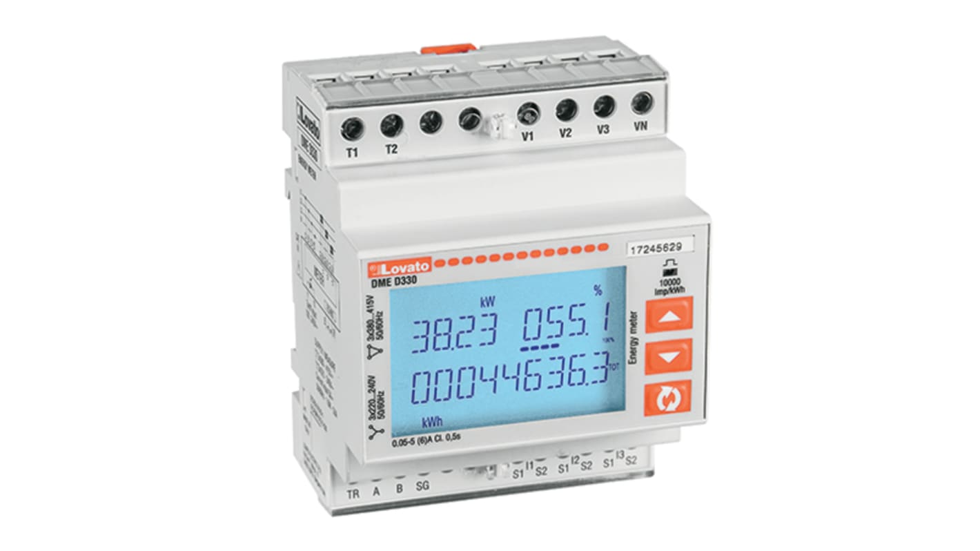 Contatore di energia trifase Lovato DMED330 con display LCD, interfaccia RS485, montaggio su guida DIN, dimensioni 104.7x71.6 mm.