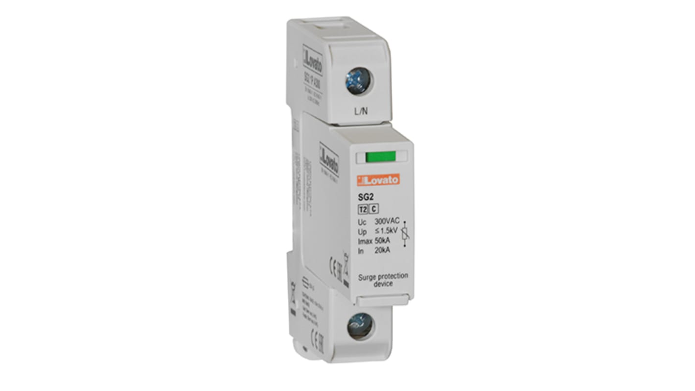 Lovato SG21PA300, dispositivo di protezione contro sovratensioni, 1 fase, montaggio su guida DIN, temperatura operativa -40 a 85 °C.