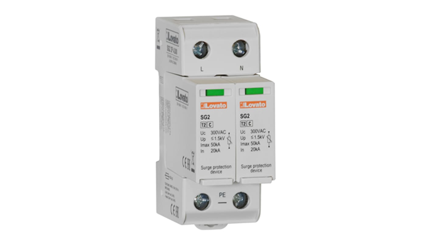 Dispositivo Lovato SG22PA300, protezione sovracorrente 2 poli, montaggio su guida DIN, corrente scarica 20kA per polo.
