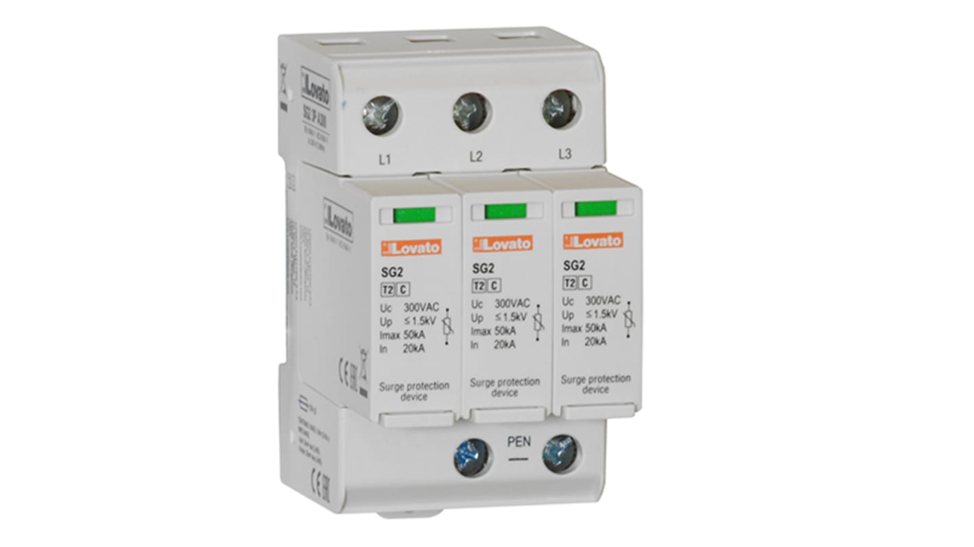 Lovato SG23PA300, dispositivo di protezione da sovracorrente 3 fasi, montaggio su guida DIN, corrente di scarica 20kA per polo.