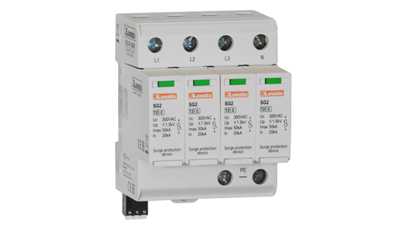 Lovato SG24PA300R, dispositivo di protezione da sovracorrente 4 poli, montaggio su guida DIN, corrente di scarica 20kA per polo.