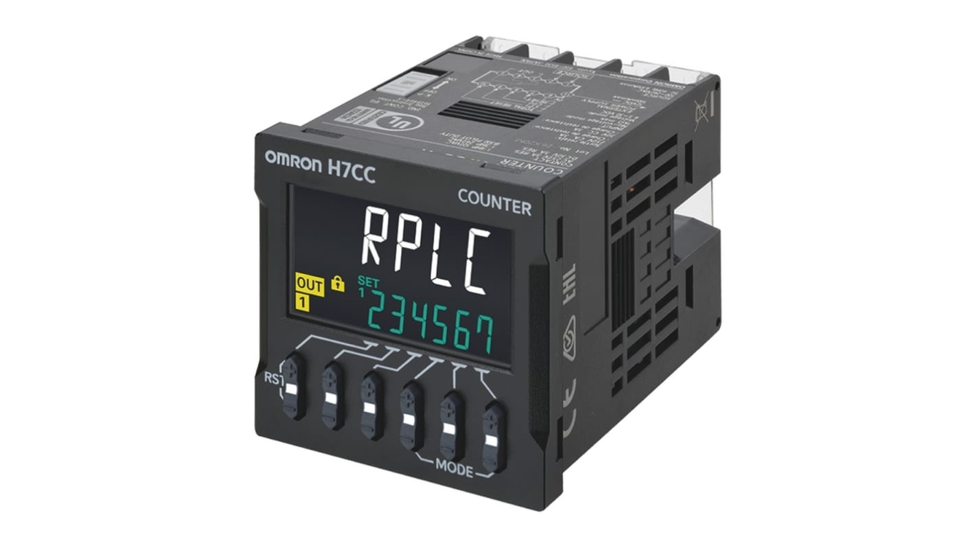 Contatore digitale Omron H7CC-AS, LCD 6 cifre, alimentazione 100-240 V, grado di protezione IP66, temperatura -10 a 55 °C.