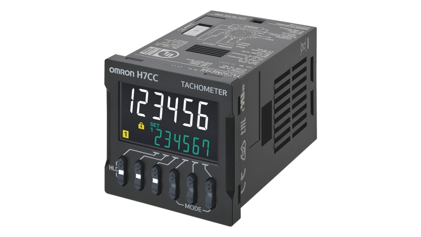 Contatore digitale Omron H7CC-R11, LCD 6 cifre, alimentazione 100-240 V, grado di protezione IP66, temperatura -10 a 55 °C.