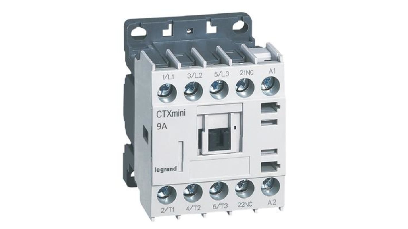 Contattore Legrand 417036, 3 poli 9A, 1NC, tensione 230 V c.a., grado di protezione IP20, terminali a vite.