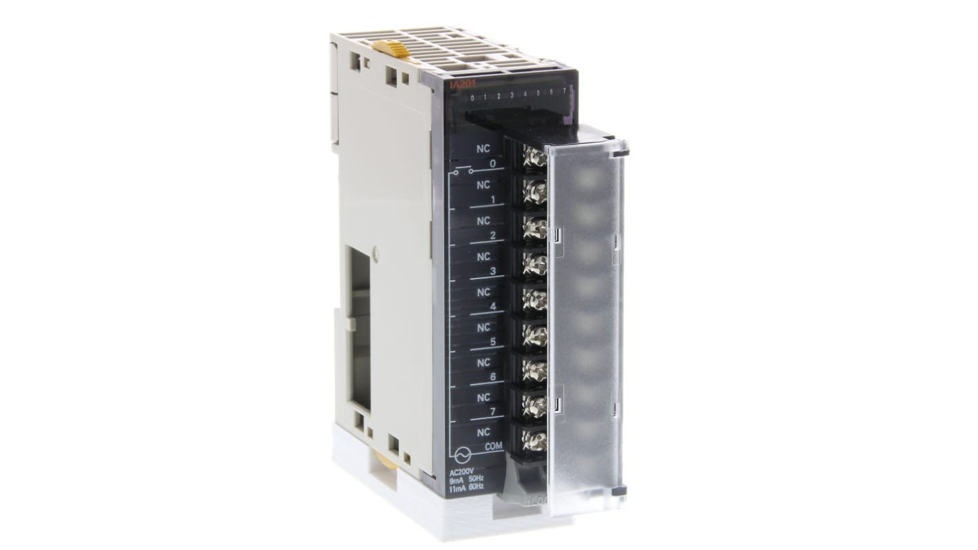 Modulo di ingresso digitale Omron CJ1W-IA201, tensione 200-240 V c.a., dimensioni 90 x 31 x 89 mm, morsettiere a vite rimovibili.