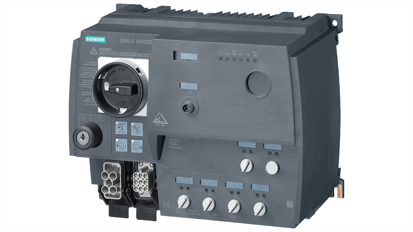 Starter motore Siemens 3RK1325-6LS41-2AA3, 3 fasi, 5,5 kW, IP65, protezione sovraccarichi, tensione 400 V.