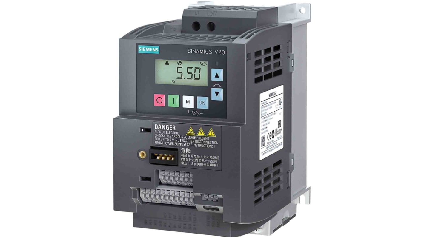 Convertitore monofase Siemens 6SL3210-5BB21-5BV1, potenza 1,5 kW, tensione 240 V, corrente 7,8 A, IP20.