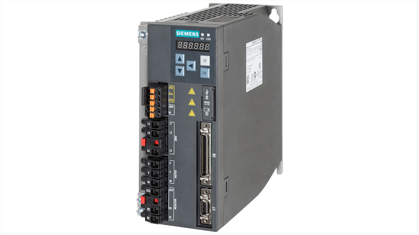Inverter Siemens 6SL3210-5FB11-5UA0, 1,5 kW, 240 V, 3 fasi, corrente 10,6 A, grado di protezione IP20.