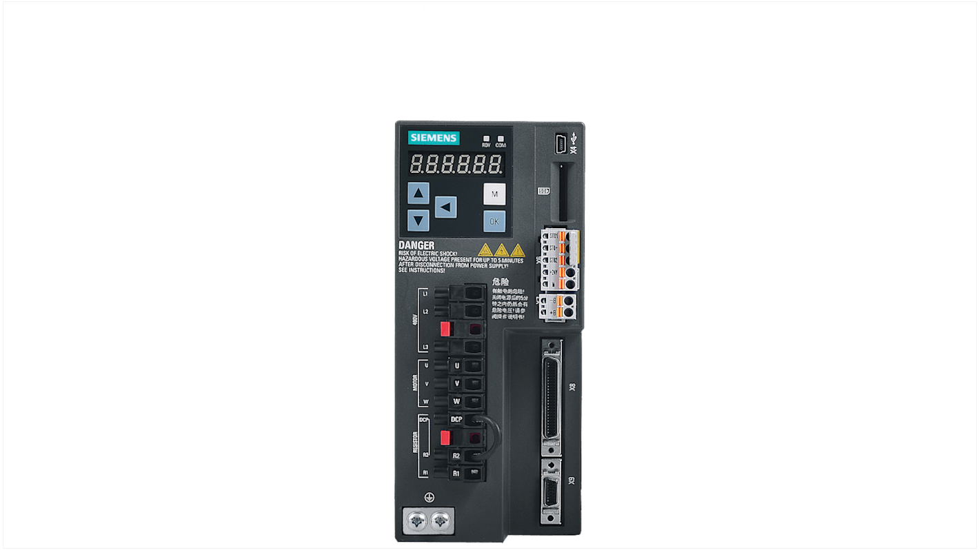 Inverter trifase Siemens 6SL3210-5FE10-8UA0, potenza 0,75 kW, tensione 480 V, grado di protezione IP20.