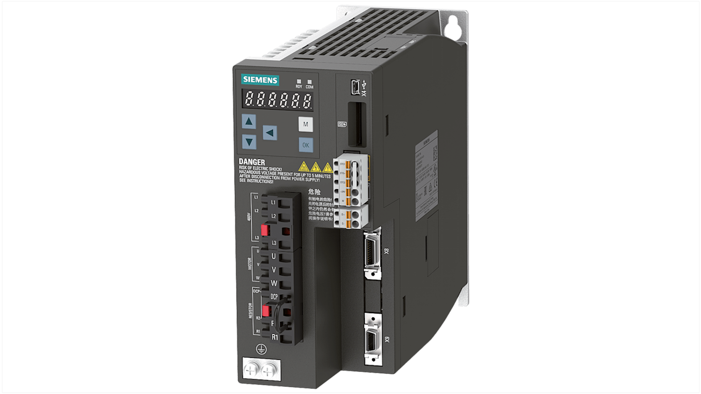 Inverter trifase Siemens 6SL3210-5FE11-0UF0, potenza 1 kW, tensione 480 V, corrente 3 A, grado di protezione IP20.