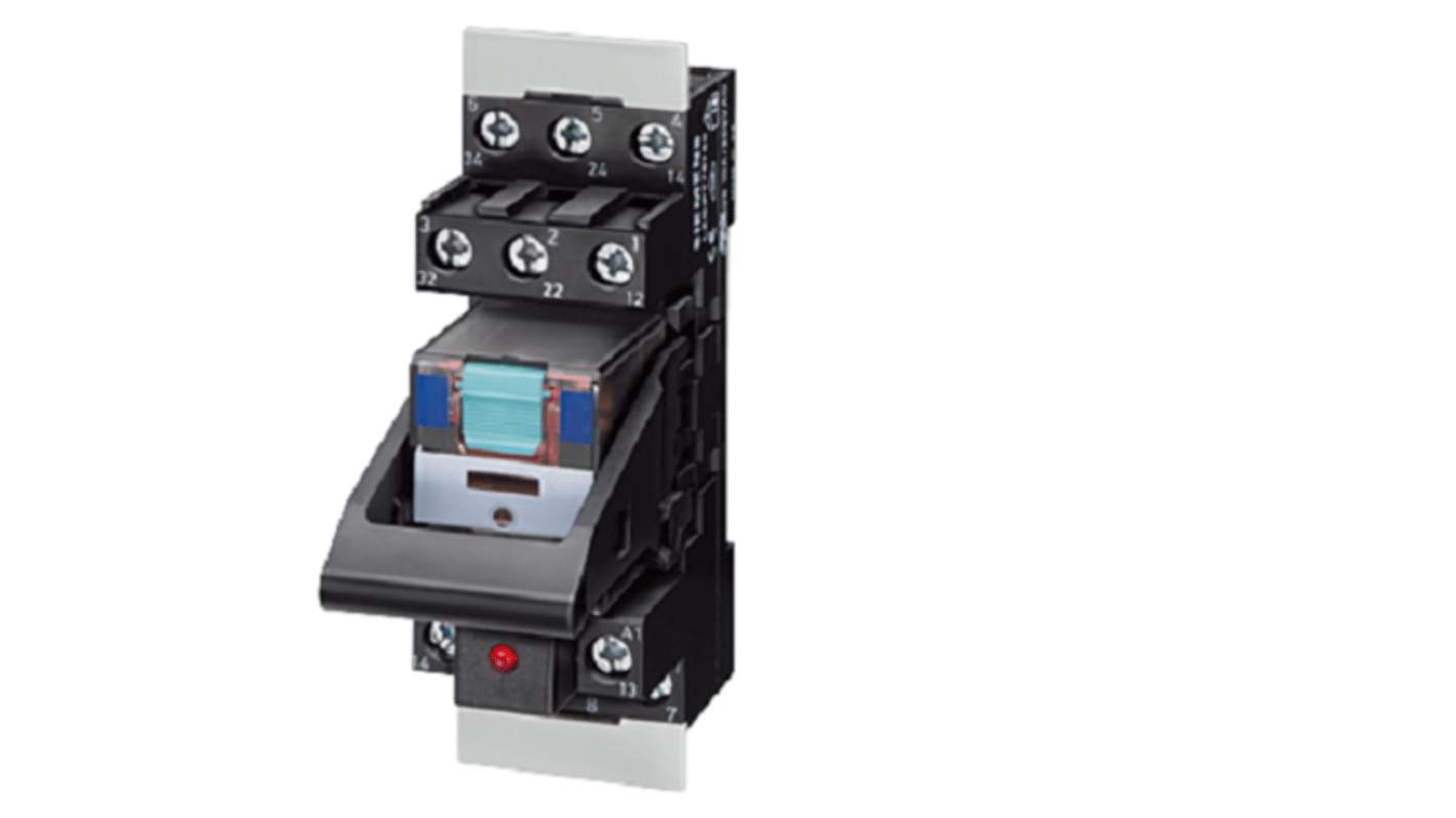 Relè d'interfaccia Siemens LZS, bobina 115V, con modulo LED rosso, montaggio a innesto, grado di protezione IP20.