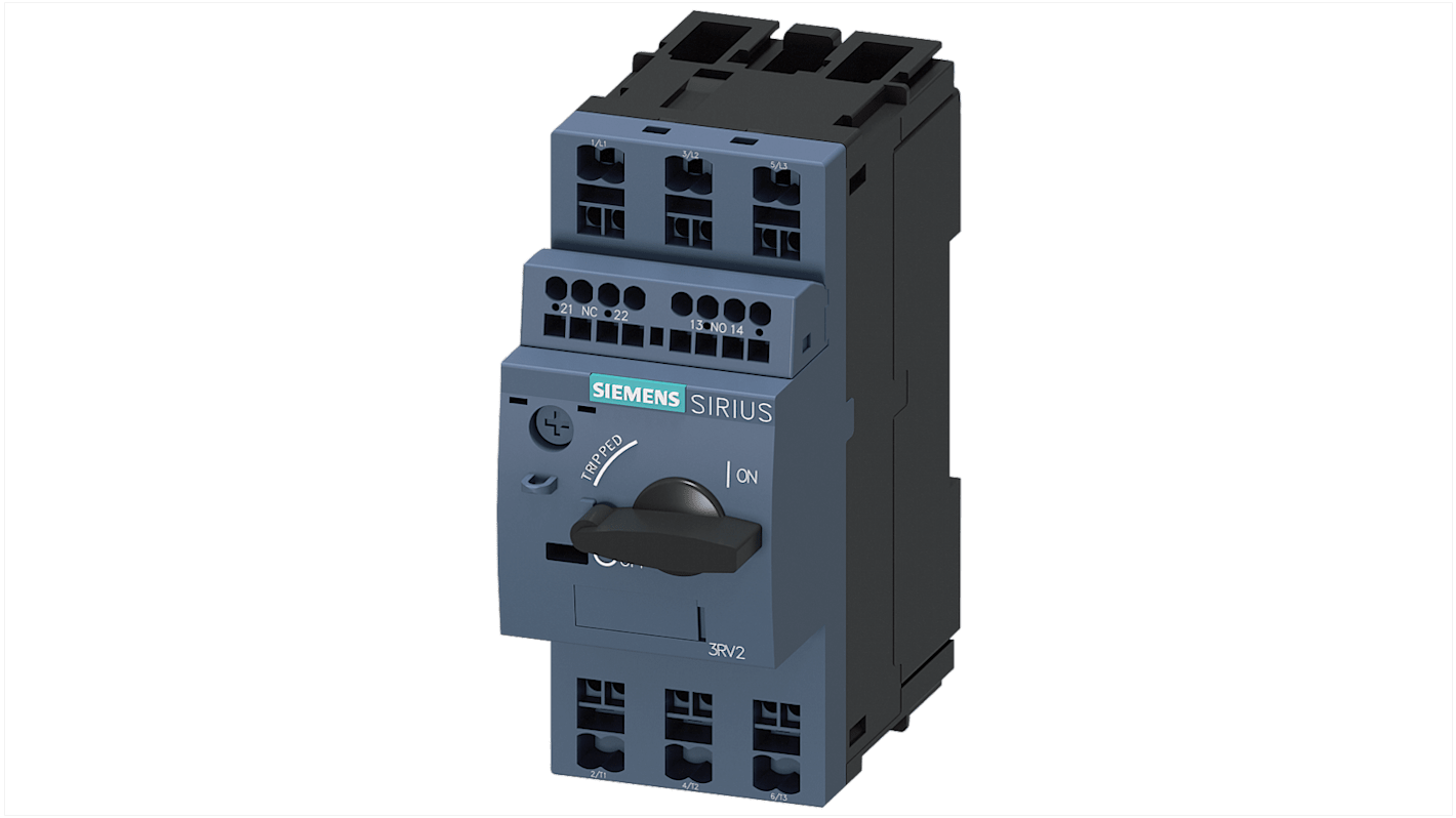 Interruttore automatico del motore Siemens 3RV2011-0AA25, protezione Classe 10, 690 V, 160 mA, con 3 ingressi e 1 NA + 1 NC.