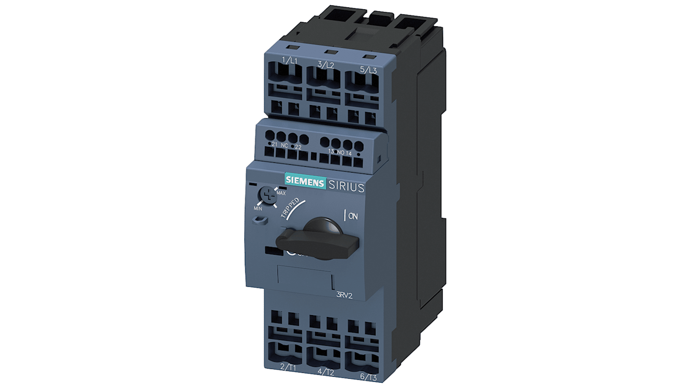 Interruttore automatico Siemens 3RV2021-1BA25 per protezione motore, corrente nominale 2 A, tensione 690 V, grado di protezione IP20.