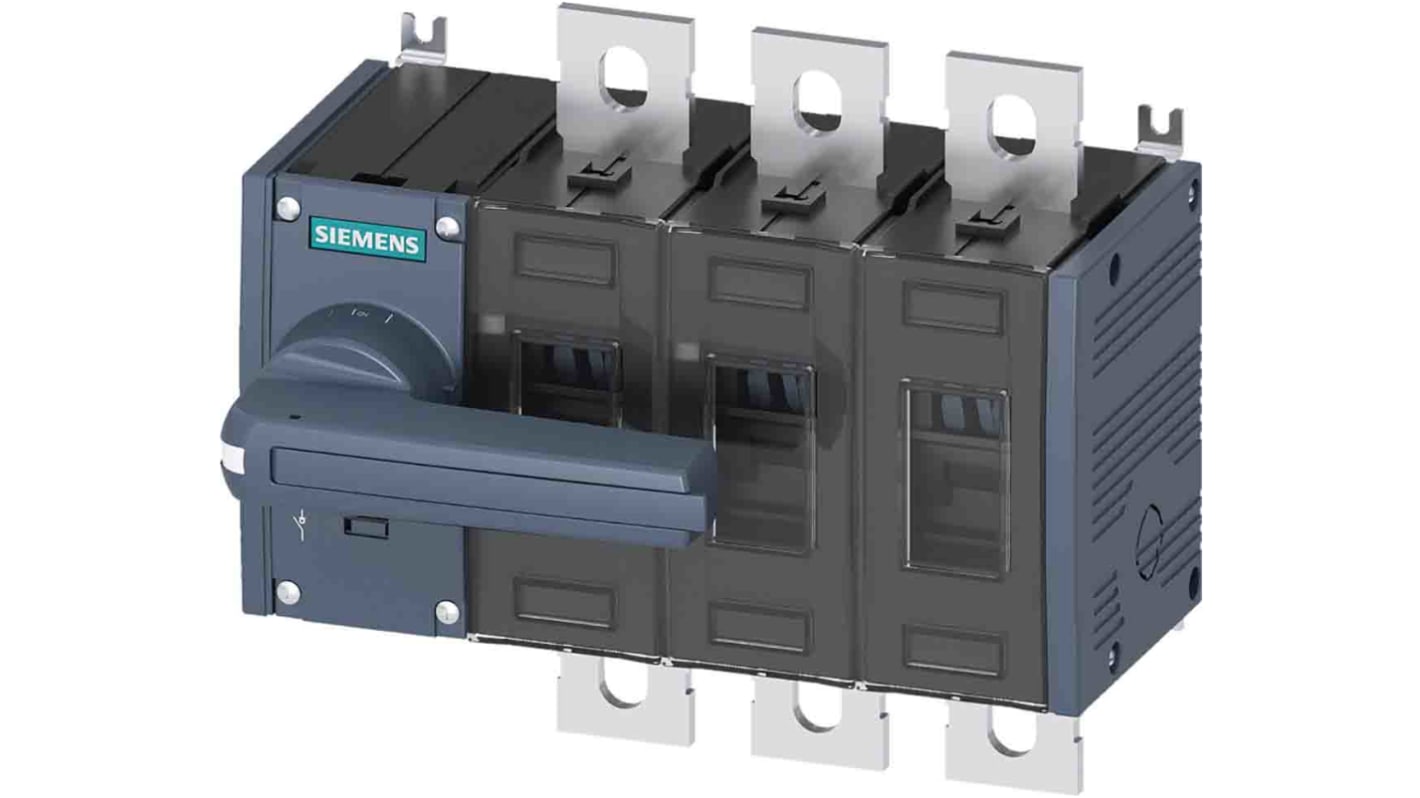 Sezionatore con interruttore Siemens 3 poli, corrente massima 400 A, montaggio a vite, classe di protezione IP20.