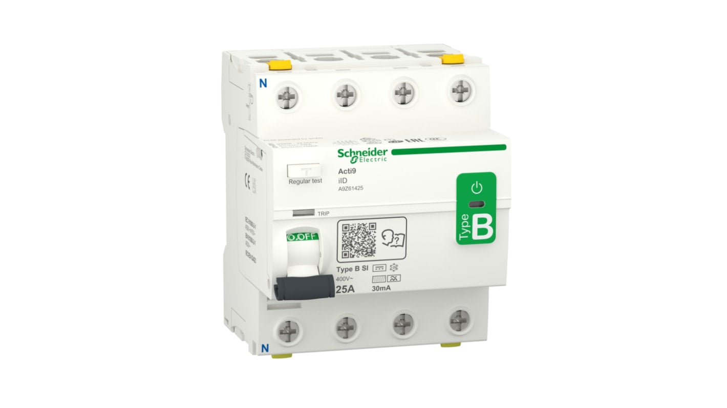 Interruttore differenziale Schneider Electric A9Z61425 RCCB Acti9 iID 4P 25A 30mA IP20/IP40 per protezione elettrica in ambienti complessi.
