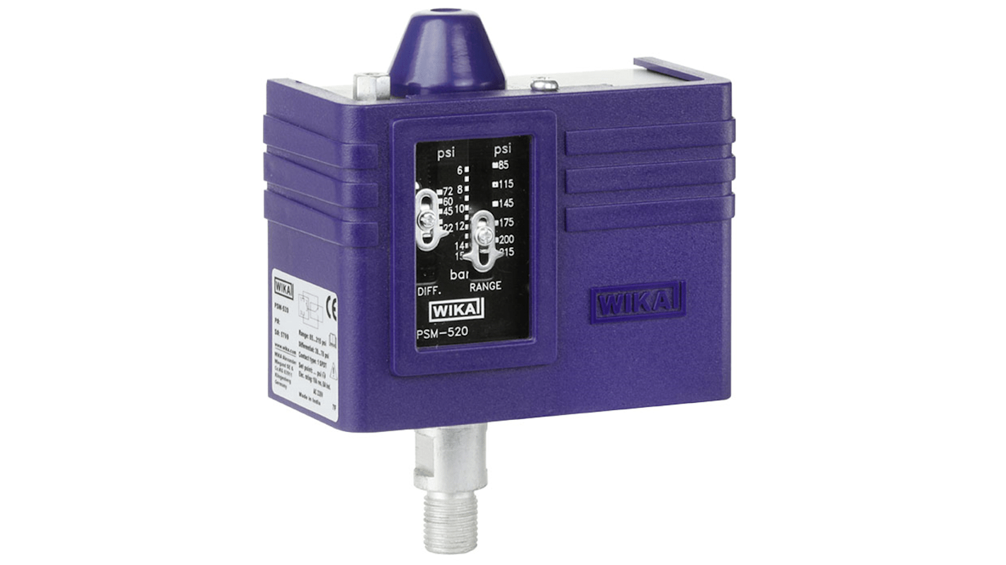 Pressostato WIKA 14269087, max 5 bar, uscita SPDT, regolabile, grado di protezione IP30, per aria, olio, acqua.