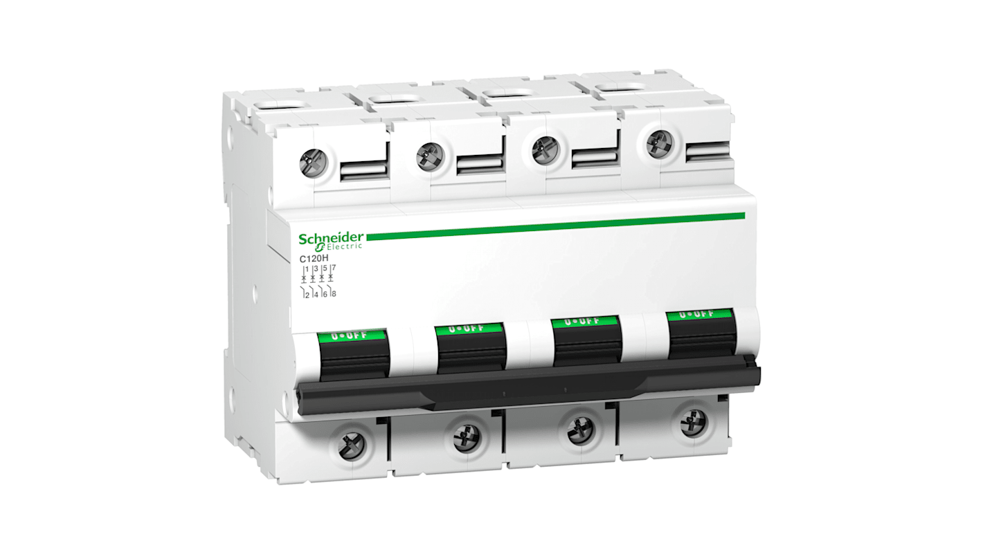 Interruttore magnetotermico 4 poli Schneider Electric A9N18437, Tipo B, montaggio su guida DIN, protezione IP20, conforme a EN/IEC 60898-1.
