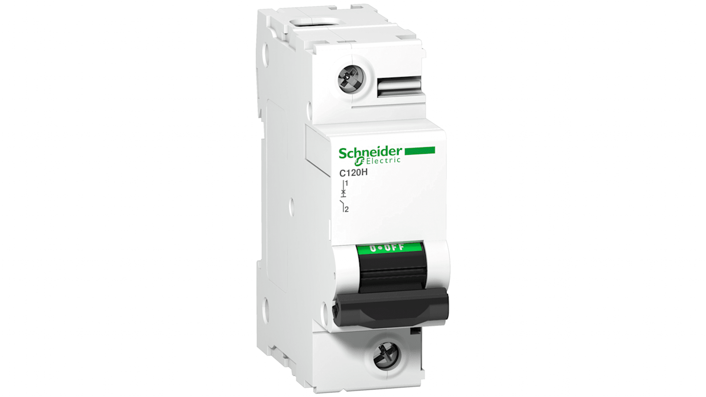 Interruttore magnetotermico Schneider Electric 1P 100A, curva C, montaggio su guida DIN, protezione IP20, modello Acti9 C120H.