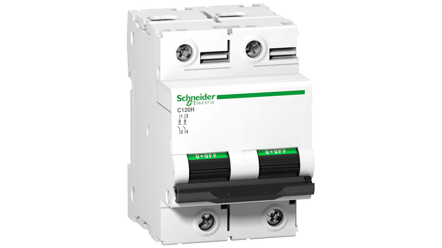 Interruttore magnetotermico Schneider Electric A9N18500, 2 poli 63A, curva D, montaggio su guida DIN, grado di protezione IP20.