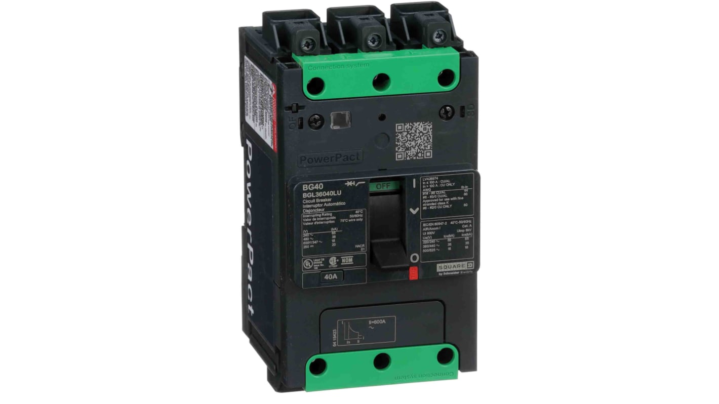 Interruttore magnetotermico scatolato Schneider Electric BGL36040LU, 3 poli, 40A, montaggio fisso, potere di interruzione 18 kA.