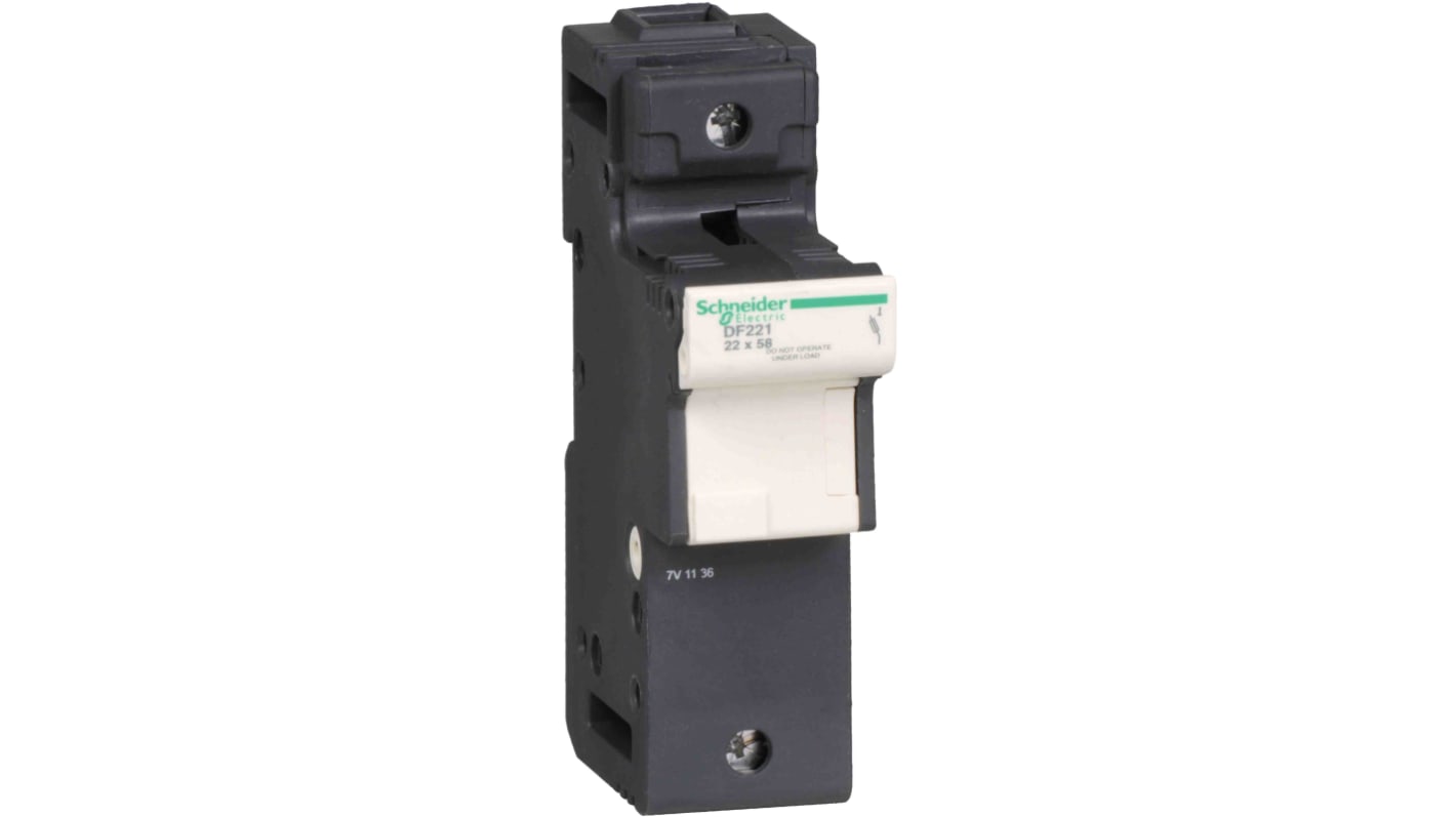 Sezionatore portafusibili Schneider Electric DF221, 1 polo, fusibile 22 x 58mm, montaggio su guida DIN 35mm, corrente fino a 125A.