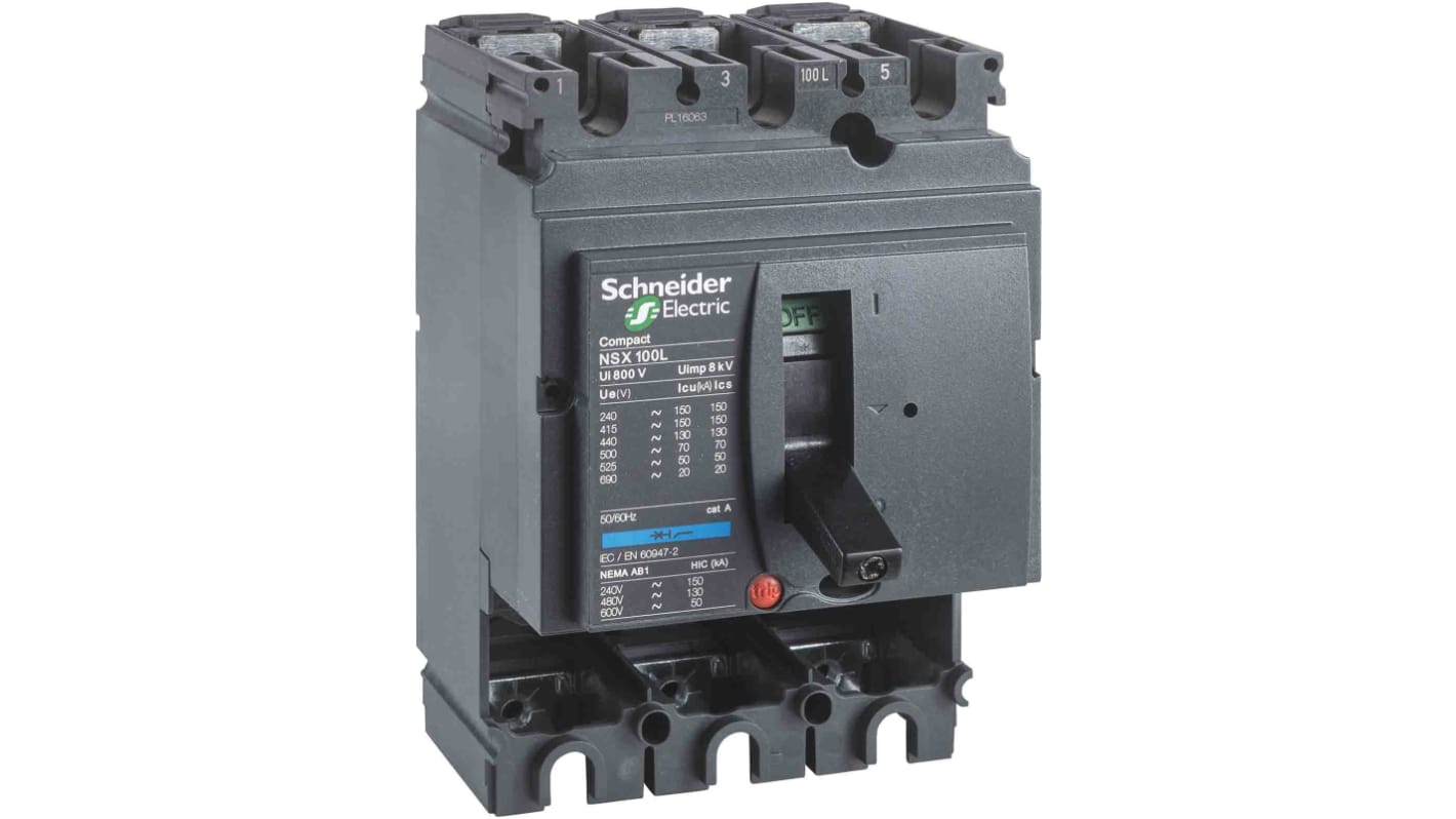 Interruttore magnetotermico scatolato Schneider Electric, 3 poli, 100A, 690V, montaggio fisso, grado di protezione IP40.
