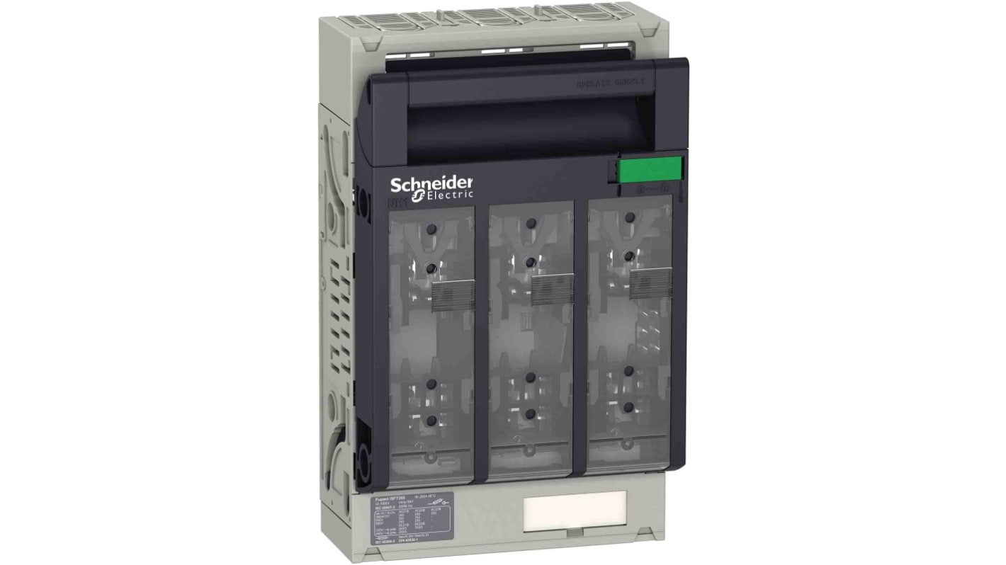 Sezionatore portafusibili NH1 FuPACT di Schneider Electric, 3 poli, 250A, montaggio su piastra, temperatura operativa -25/+70°C.