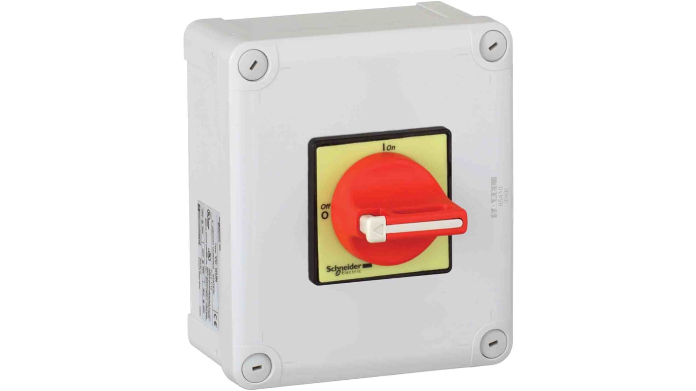 Sezionatore Schneider Electric VC2GUN, 3 poli, 25A, IP65, manopola rossa, maniglia gialla, conforme a UL/CSA.