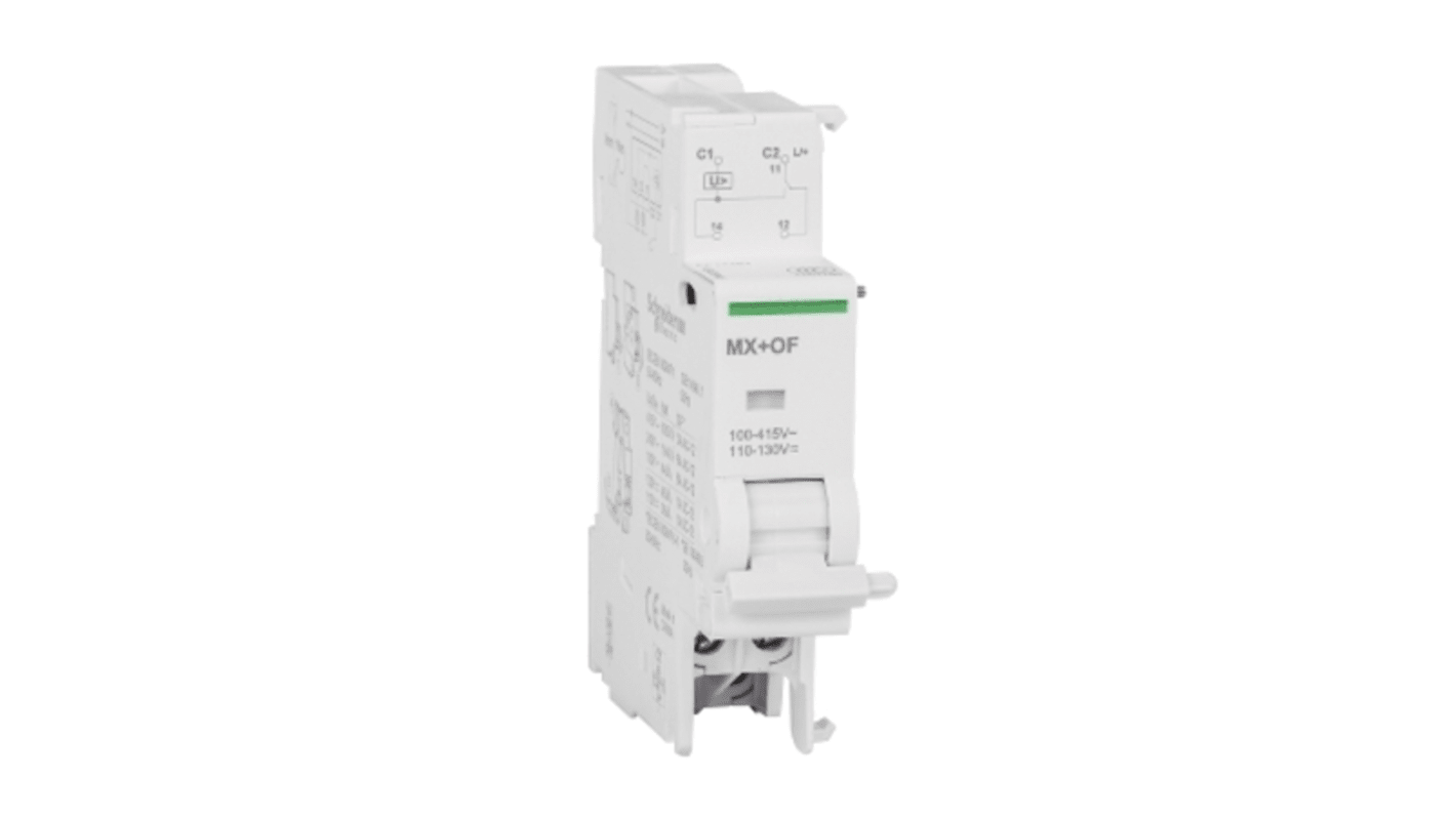 Dispositivo ausiliario di intervento elettrico Schneider Electric A9N26946 Acti 9 MX+DI: contatto aperto/chiuso, larghezza 2 moduli da 9mm, tensione 100VAC-415VAC, conforme RoHS.