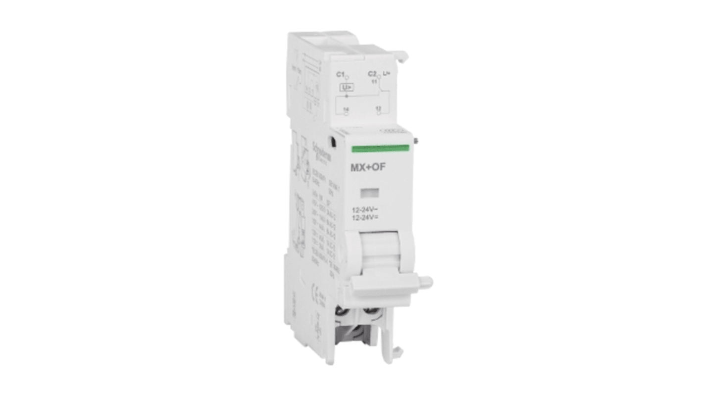 Interruttore ausiliario elettrico Schneider Electric A9N26948 Acti 9 MX+DI con contatto DI per C60, C120 e DPN. Sicurezza e conformità RoHS. Larghezza 2x9mm, tensione 24VDC/12-24VAC.