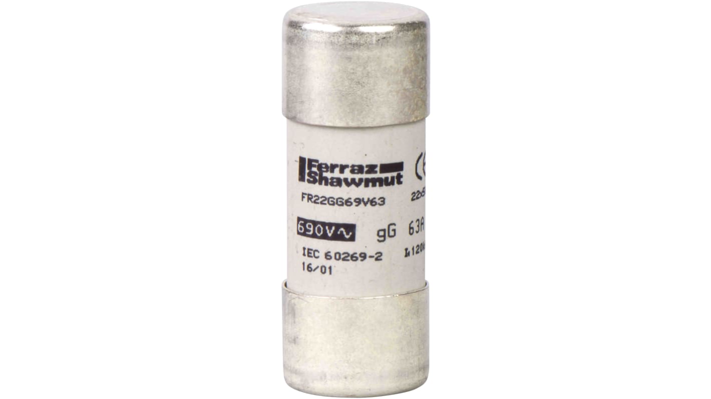 Fusibile a cartuccia Schneider Electric DF2FN63, 63A, 500V, dimensioni 22 x 58mm, per protezione da sovraccarichi e sovracorrenti.