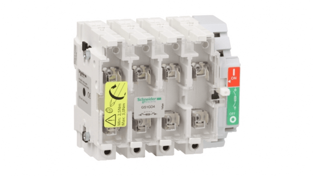 Sezionatore portafusibili Schneider Electric GS1GD4, 4P 63A DIN 000, 100kA - Ideale per motori fino a 30kW. Certificato RoHS e multi-standard.