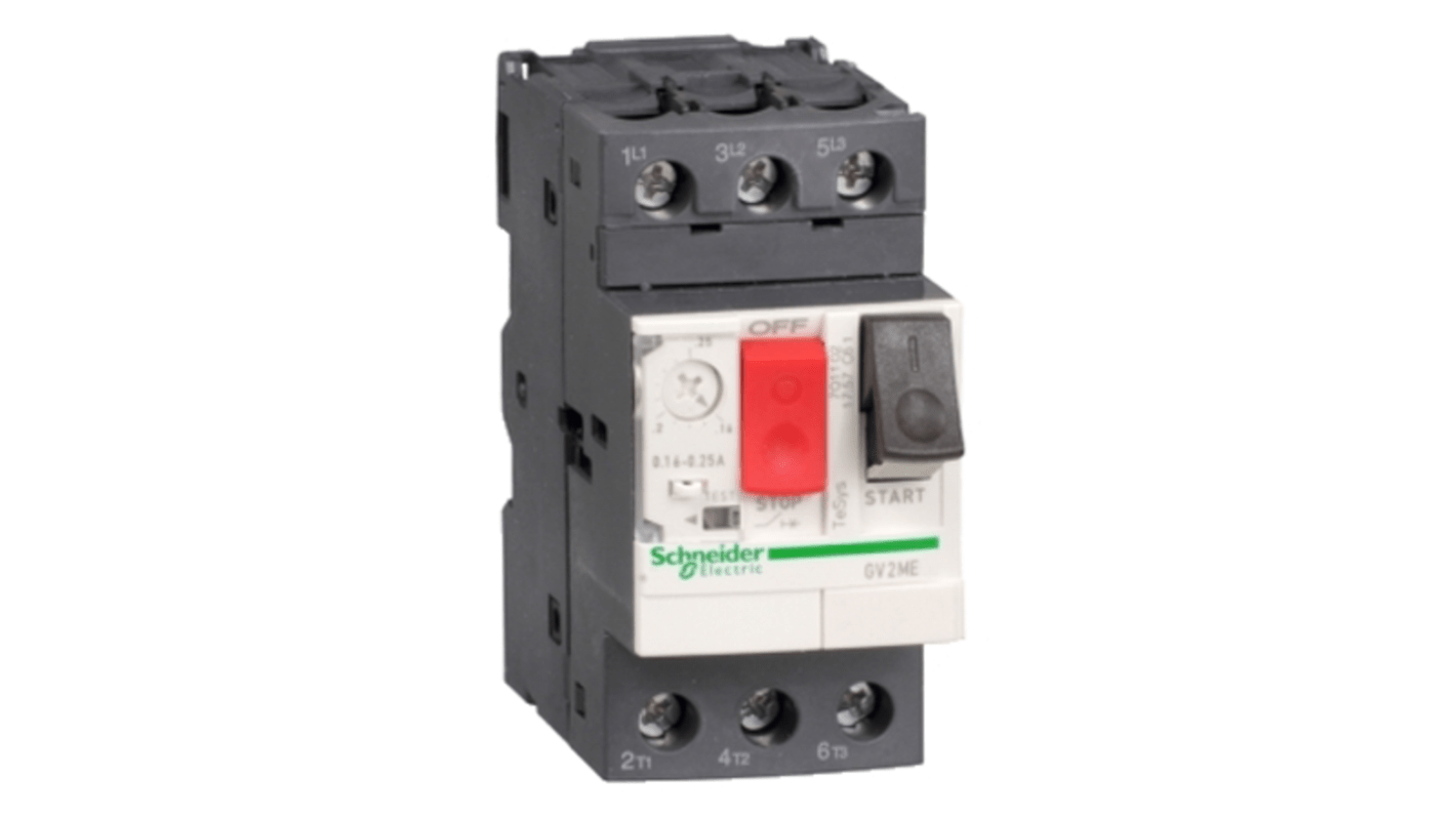Interruttore automatico motore Schneider Electric GV2ME07TQ, 3 poli, corrente 1,6-2,5 A, tensione 690 V, montaggio a vite. Dimensioni 89x44,5x78,2 mm.