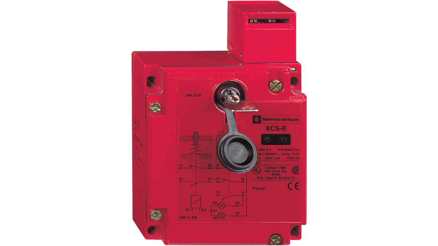 Interruttore di interblocco a solenoide Telemecanique Sensors XCSE8312, corpo in Zamak, grado di protezione IP67, 3 contatti NC e 1 contatto NO.