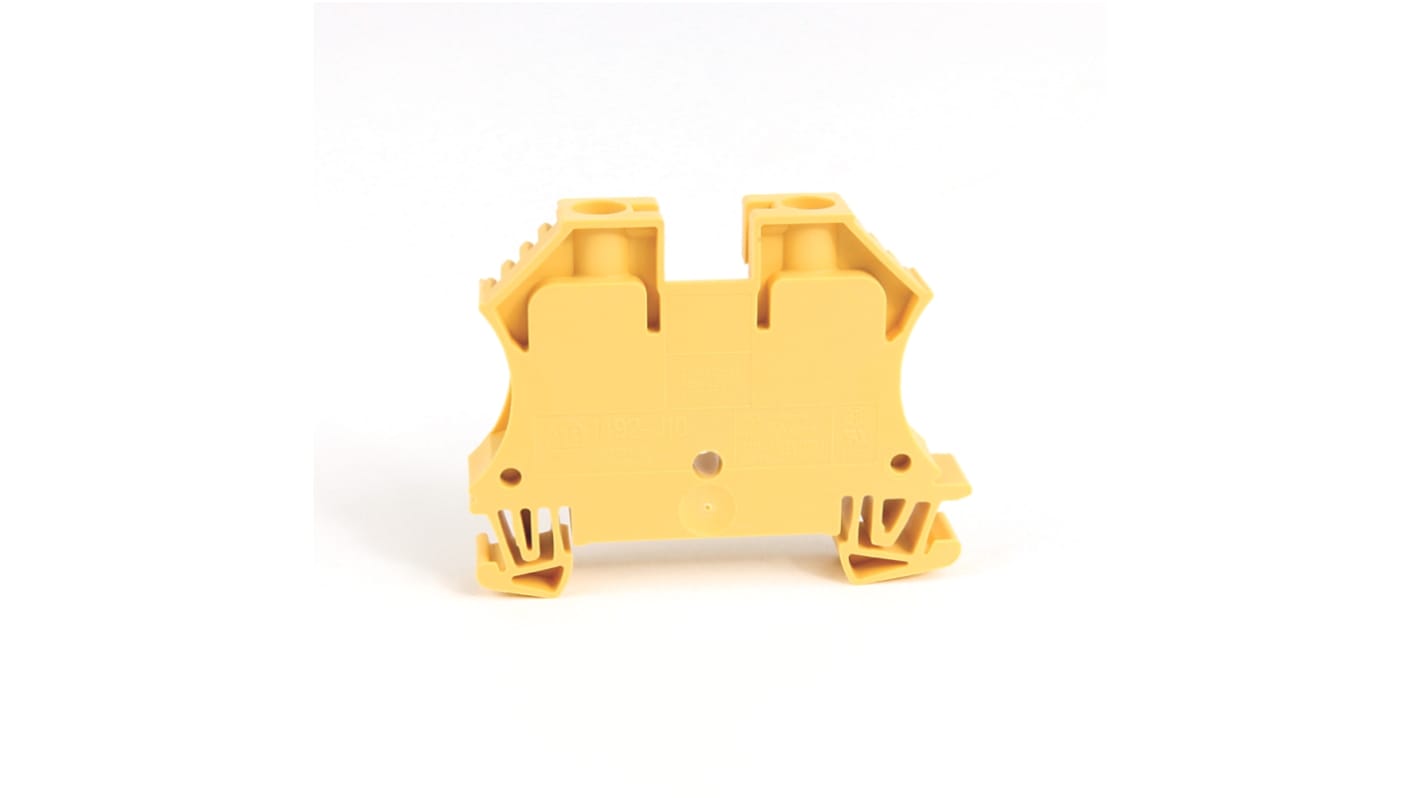 Morsettiera passante Allen Bradley 1492-J10-RE, 2 vie, 65A, 600 V, per guida DIN, cavo 18-6 AWG, passo 10 mm.