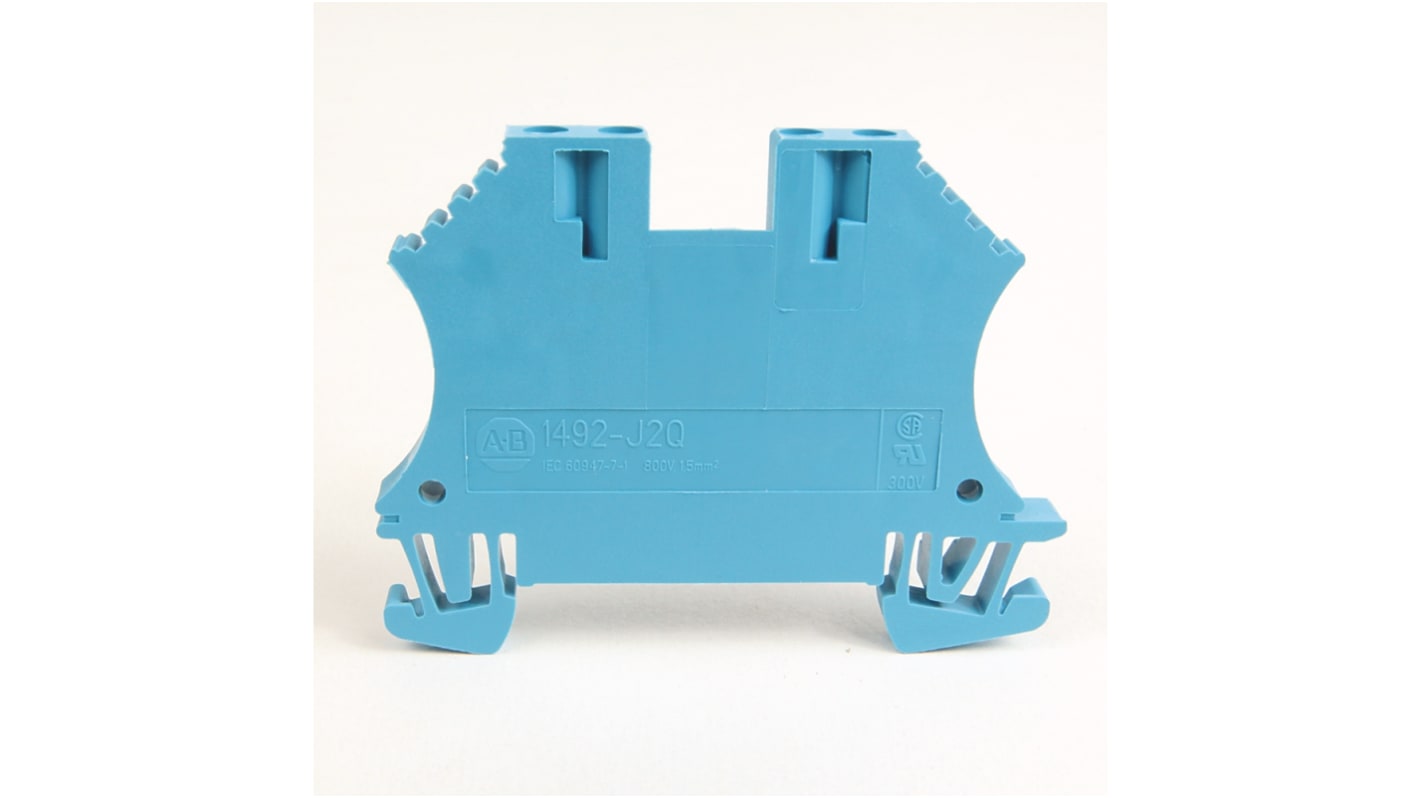 Morsettiera passante Allen Bradley 1492-J2Q, 4 vie, montaggio su guida DIN, per cavi 22-12 AWG, corrente 25A, tensione 300V.