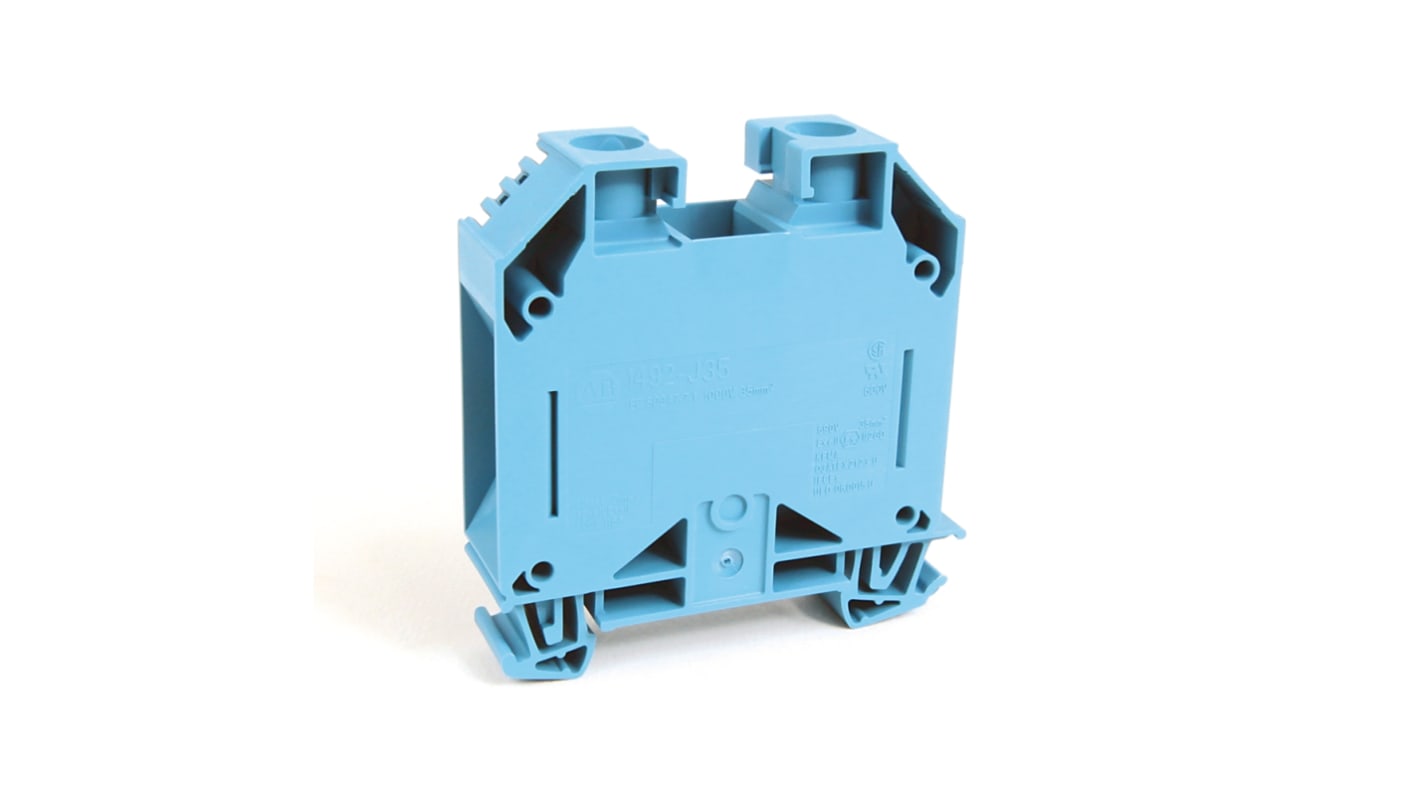 Morsettiera passante Allen Bradley 1492-J35-Y, 2 vie, corrente 150A, tensione 1 kV, montaggio su guida DIN.