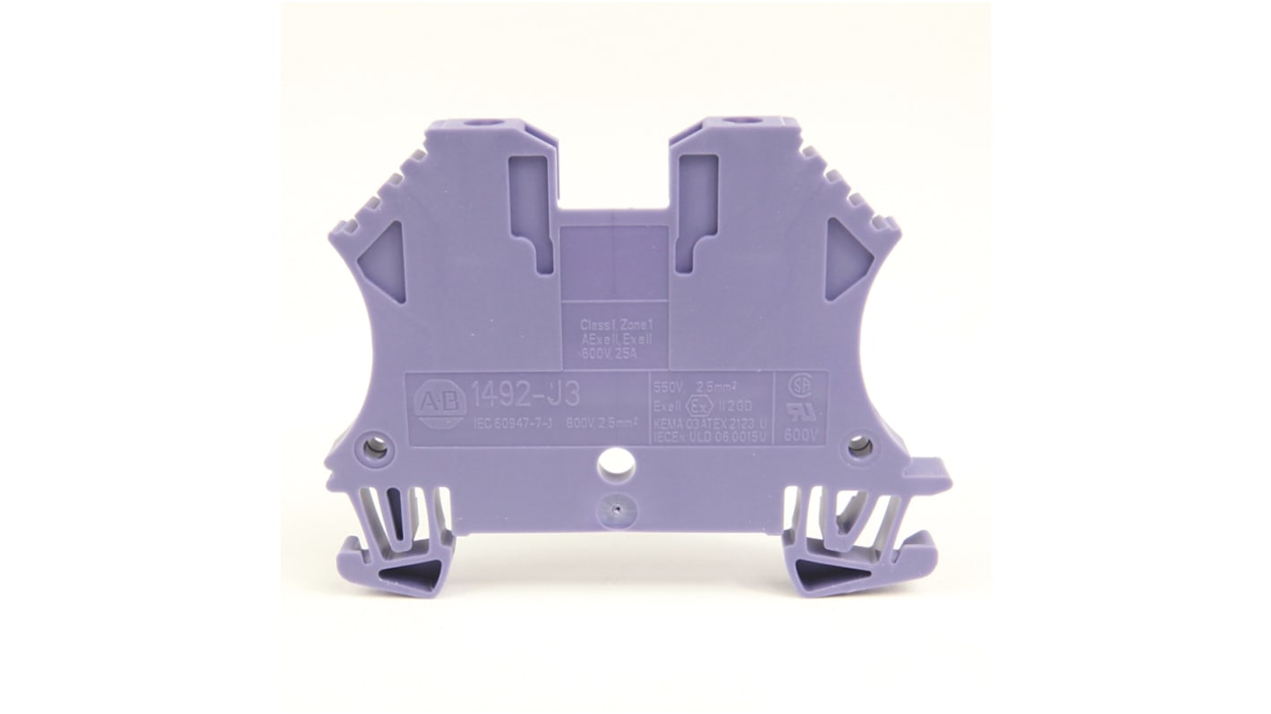 Morsettiera passante Allen Bradley 1492-J3-BR, 2 vie, 25A, 600V, per guida DIN, cavo 22-12 AWG.