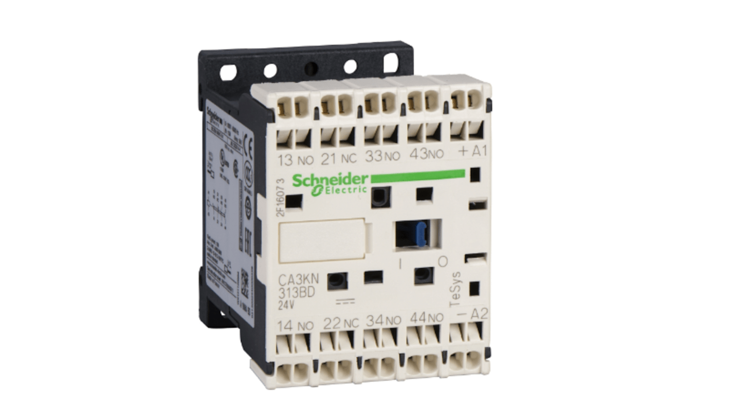 Relè di controllo Schneider Electric CA2KN223P7, 4 contatti, corrente 10 A, tensione 24 V c.c., montaggio su guida DIN 35 mm.