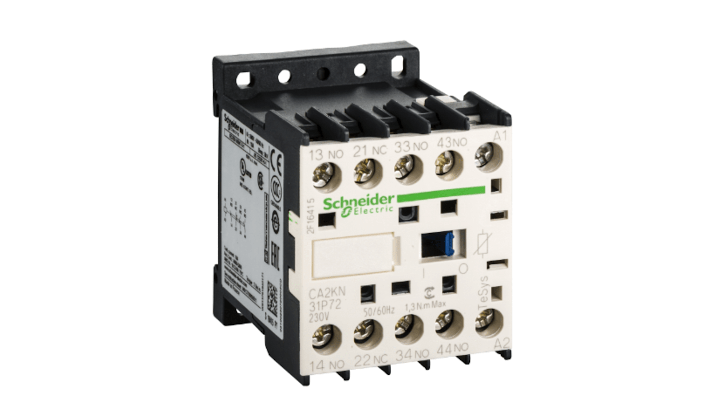 Contattore Schneider Electric CA2KN31P72, 3 poli 3NO + 1NC, 10 A, bobina 230 V, montaggio su guida DIN 35 mm, larghezza 45 mm.