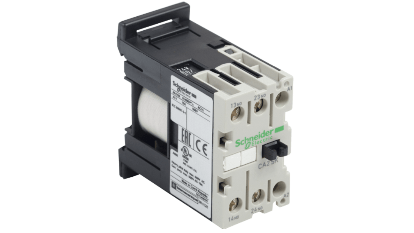 Contattore Schneider Electric CA2SK11E7, 1 polo, 1 NO + 1 NC, 10 A, 48 V, montaggio su guida DIN 35 mm, larghezza 27 mm.
