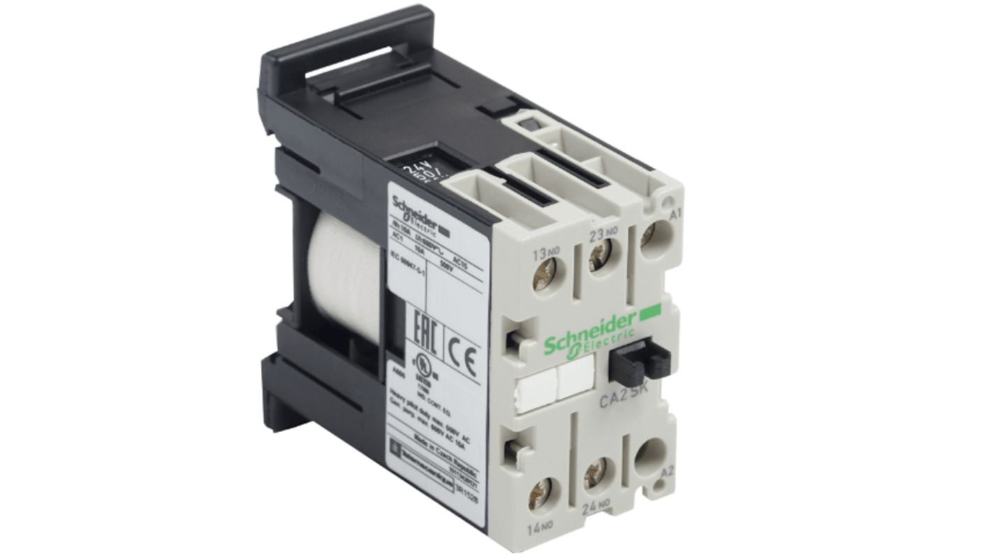 Contattore Schneider Electric CA2SK20E7, 2 poli, 10 A, bobina 48 V, montaggio su guida DIN 35 mm, dimensioni 27 mm.