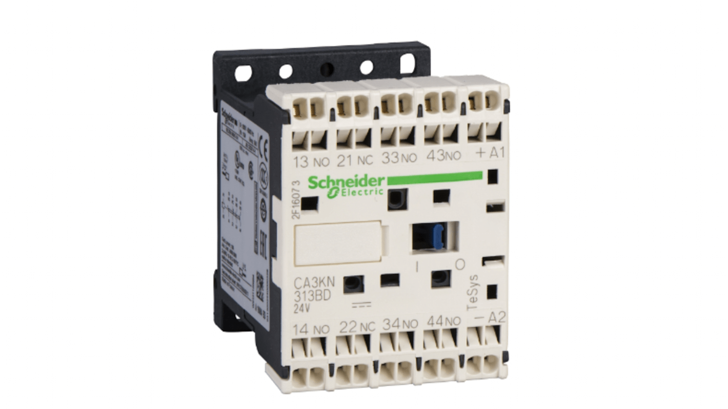 Relè di controllo Schneider Electric CA4KN313BW3, 4 contatti (3 NA + 1 NC), montaggio su guida DIN, larghezza 45 mm.