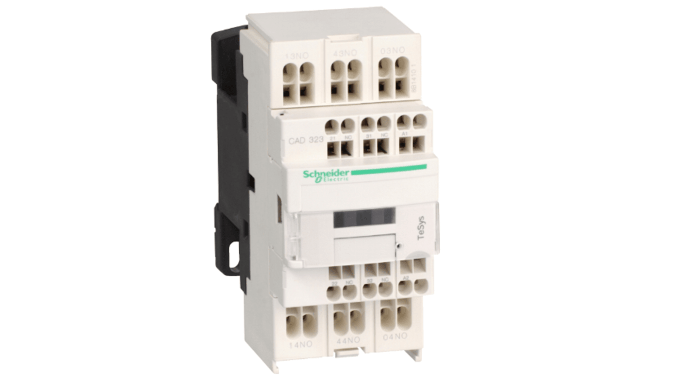Relè di controllo Schneider Electric CAD323P7, 3 contatti NA e 2 NC, montaggio su guida DIN, dimensioni 45 mm.