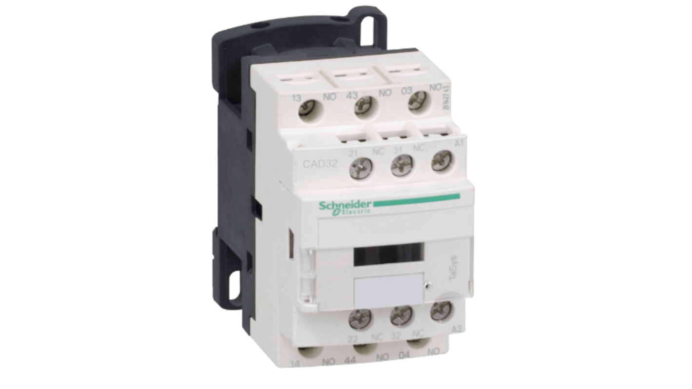 Relè di controllo Schneider Electric CAD32R7, 5 contatti (3 NA + 2 NC), montaggio su guida DIN, dimensioni 45 mm.