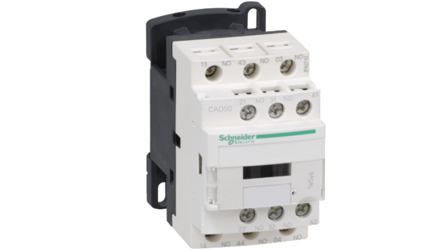 Relè di controllo Schneider Electric CAD50D7, 5 contatti NO, 10 A, 690 V, montaggio su guida DIN, dimensioni 45 mm.