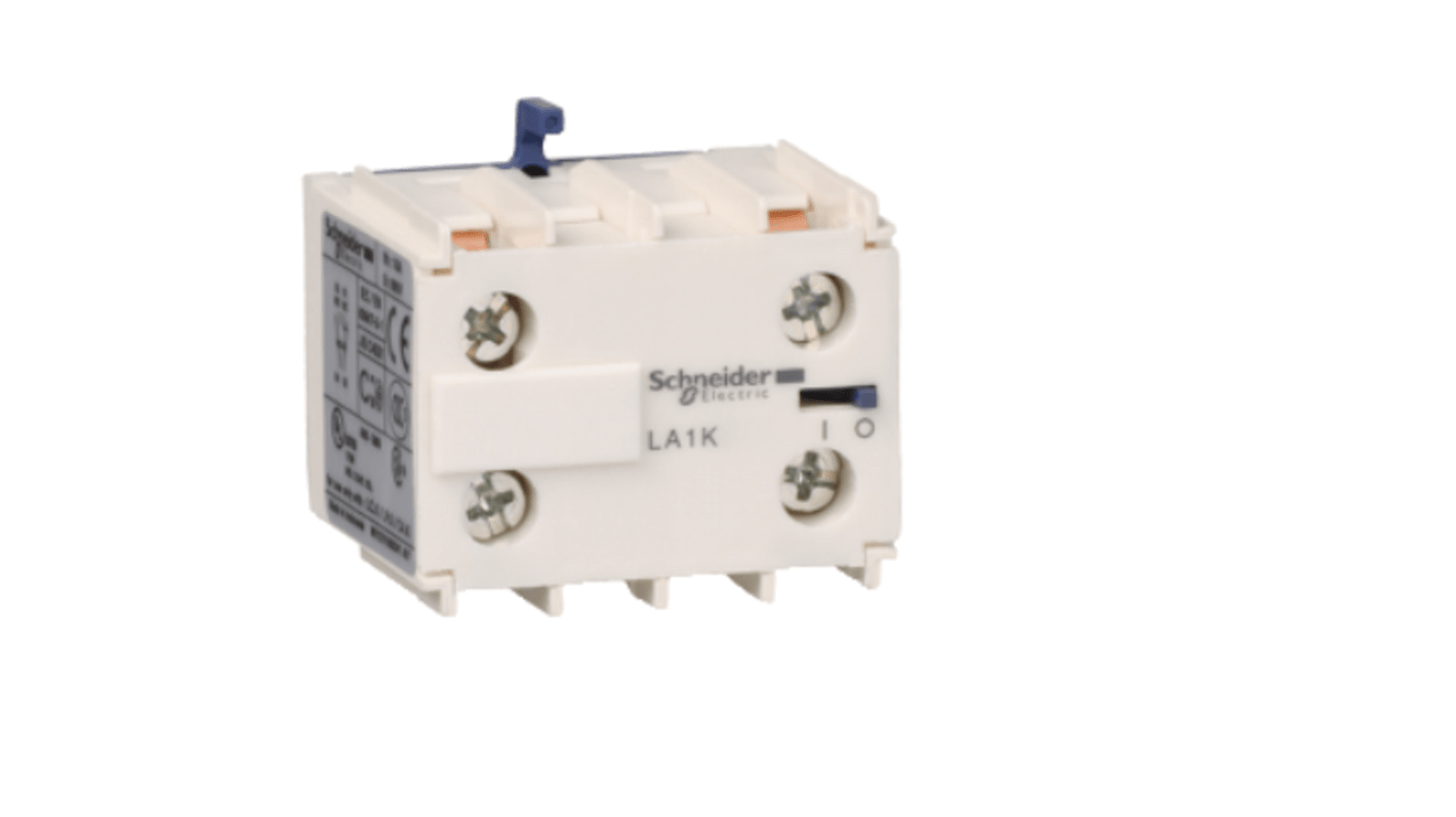 Blocco contatti ausiliari Schneider Electric LA1KN11M, 1 NA + 1 NC, montaggio a clip, corrente 10A, tensione 690V.