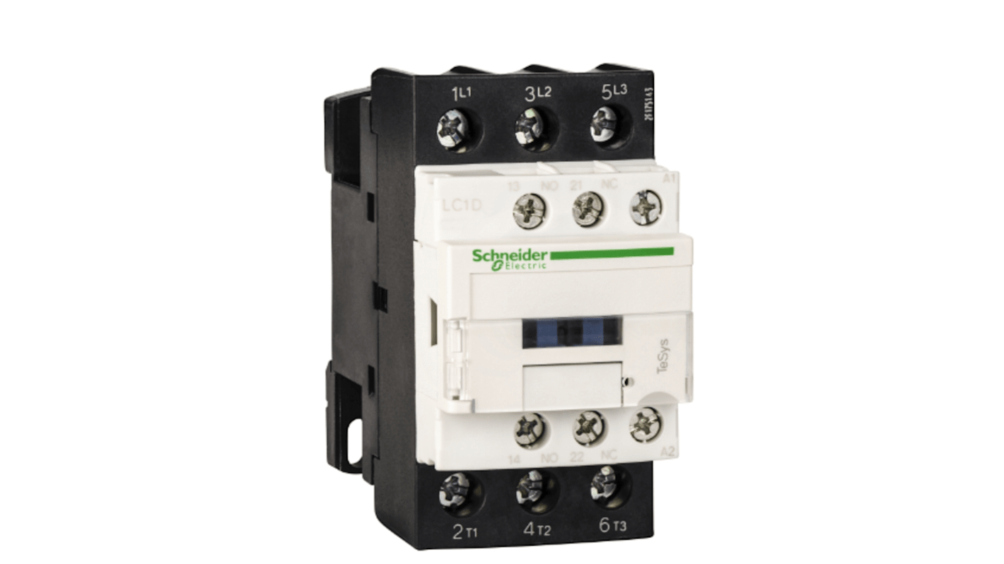 Contattore Schneider Electric LC1D25D7, 3 poli, 3 contatti NA, corrente 25 A, montaggio su guida DIN, larghezza 45 mm.