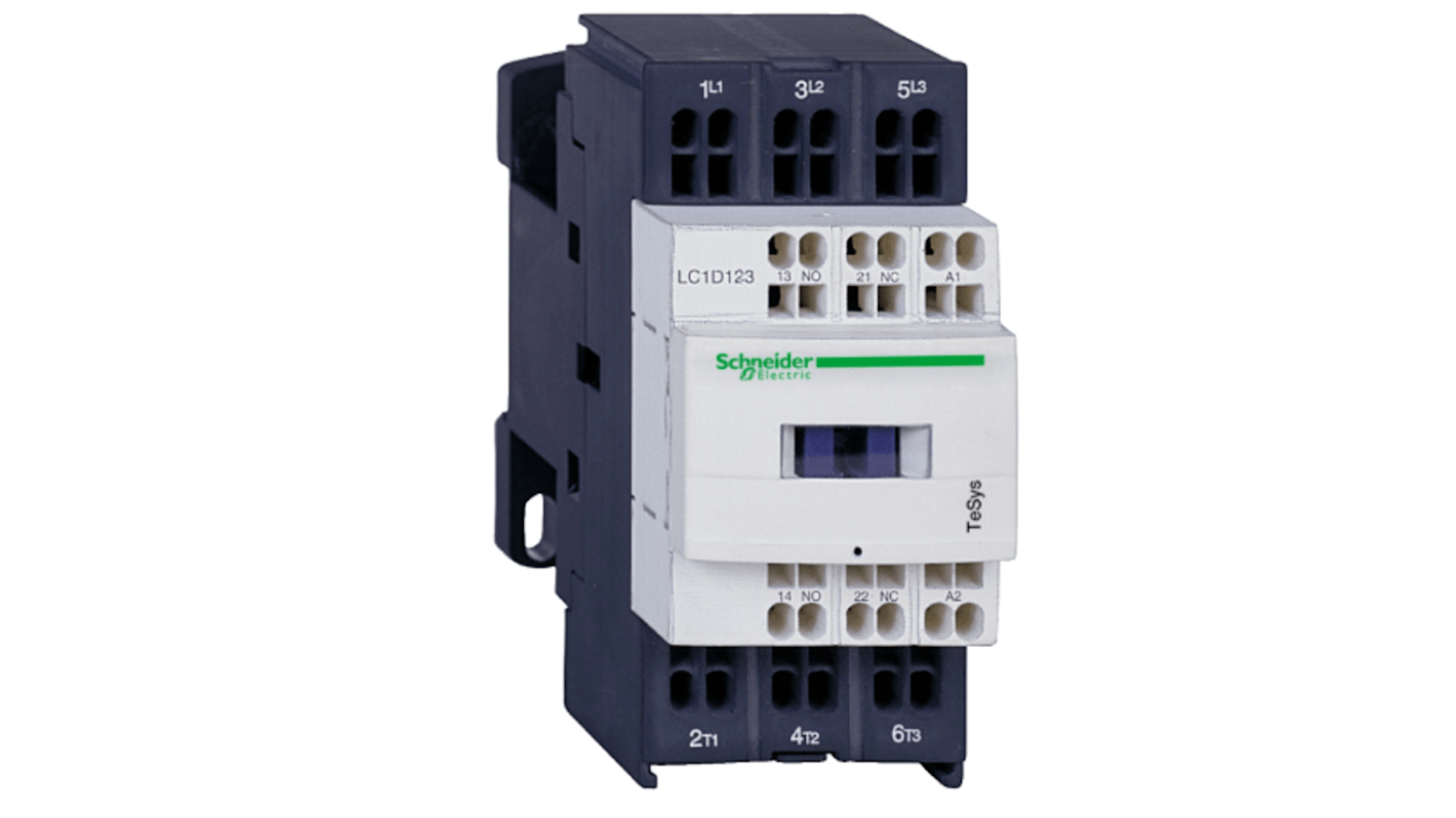 Contattore Schneider Electric LC1D323BD, 3 poli, 3 contatti NA, 32 A, 24 V, montaggio su guida DIN, larghezza 45 mm.